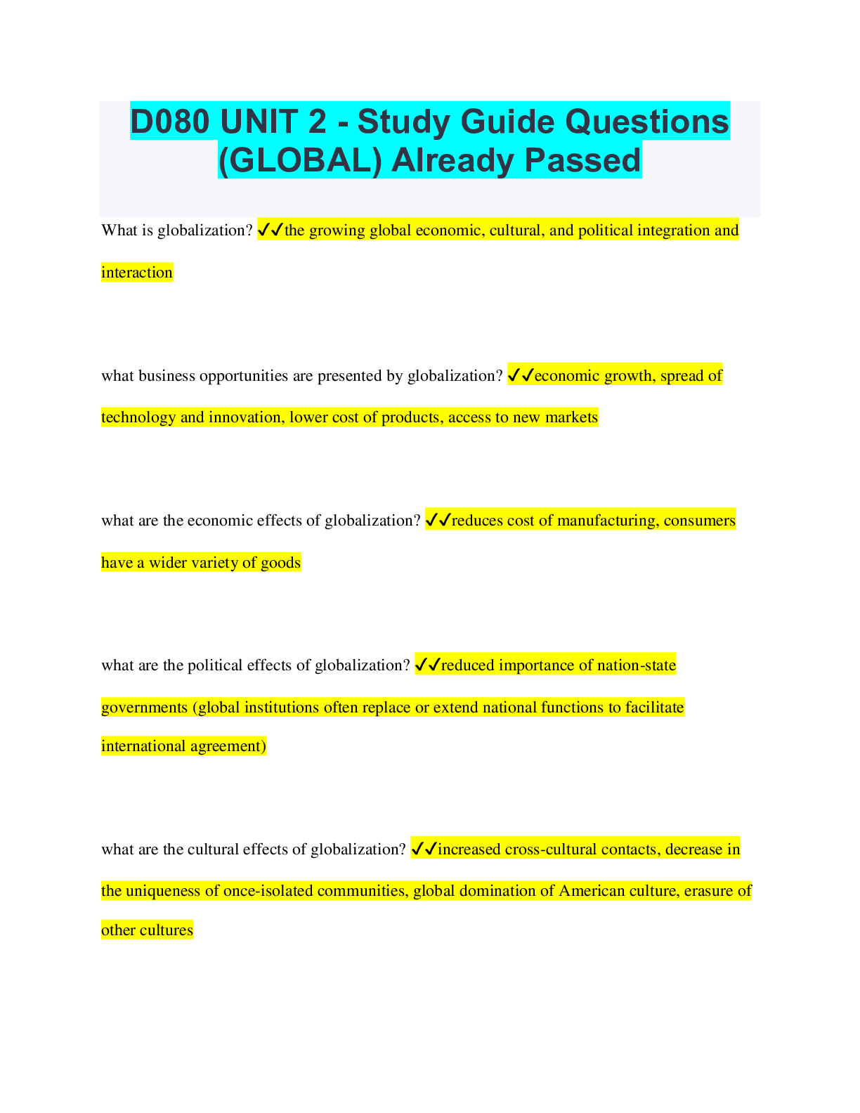 Preview of D080 UNIT 2 - Study Guide Questions (GLOBAL) Already Passed